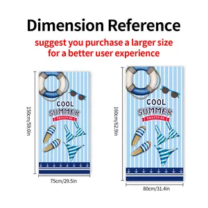 Size chart showing 75x150cm and 80x160cm microfiber beach towel dimension comparisons