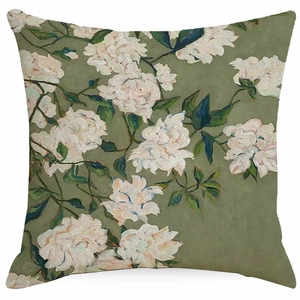 Detailed macro view of gray-green linen cushion cover with oil painting style white floral art