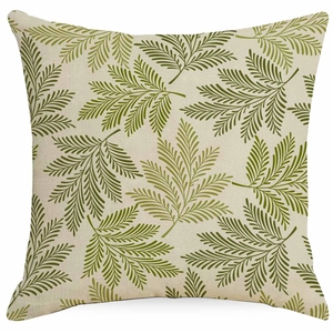 Detailed macro view of green feather leaf pattern on beige linen cushion cover fabric