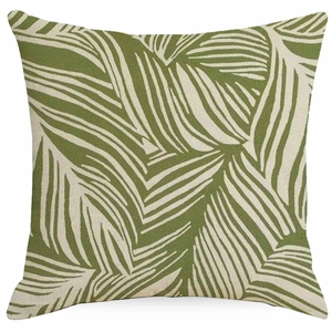 Detail of linen cushion cover featuring green palm leaf patterns and thick texture