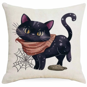Makro-Detail der Leinenstruktur auf dem Halloween-Kissenbezug mit schwarzer Katze