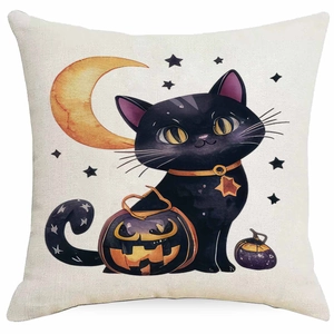 Detail der Leinenstruktur Kissenhülle mit süßer Halloween Katze und Kürbis Illustration