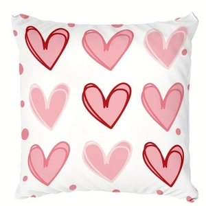 White square pillowcase with nine red and pink hearts, festive home sofa decor