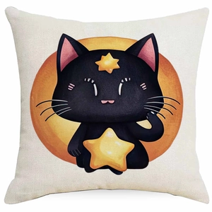 Detail eines Leinenkissenbezugs mit schwarzer Katze und orangefarbenem Mondmuster