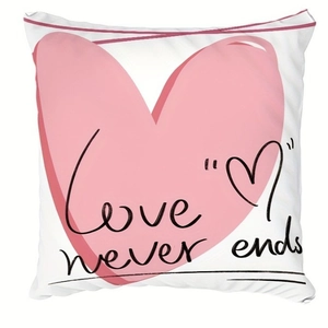 Modern white canvas throw pillow cover with a pink heart and Love never ends print