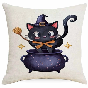 Nahaufnahme von Halloween-Katze im Hexenkessel auf Leinenkissenbezug mit Sternen-Textur