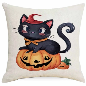 Makroaufnahme der Leinentextur auf dem Halloween-Kissenbezug mit schwarzer Katze und Kürbis