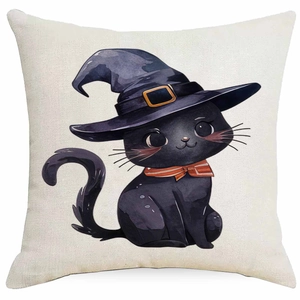 Halloween Kissenbezug mit schwarzer Katze und Hexenhut auf Leinen-Textur Kissen