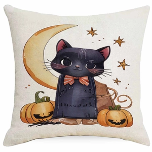 Halloween Kissenbezug mit schwarzer Katze und Kürbis auf Leinen für Dekoration