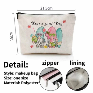 Detailed view of white polyester makeup bag with gnome print and zipper dimensions