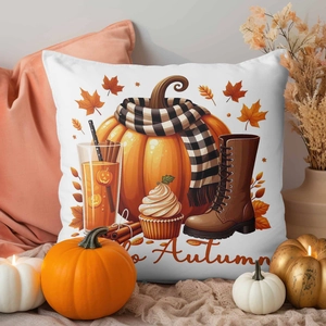 Dettaglio della federa Hello Autumn con illustrazioni di zucche e foglie di acero