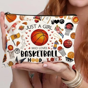 Borsa cosmetica bianca moderna con motivi di basket e scritta Just a girl who loves basketball