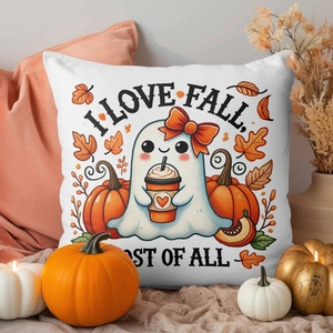 Dettaglio della federa autunnale con fantasma zucca e stampa I LOVE FALL MOST OF ALL
