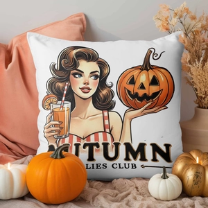Dettaglio della fodera per cuscino autunnale con stampa vintage di ragazza e zucca