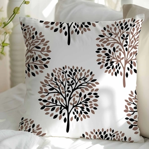 Modern minimalist white cushion cover featuring geometric black and brown tree print