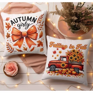 Fodere per cuscini autunnali con stampe di zucca e foglie d'acero e testo decorativo