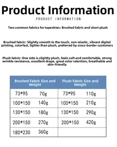 Size chart showing dimensions and fabric weights for autumn sunflower wall tapestries