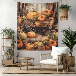 Detailed autumn harvest tapestry featuring pumpkins sunflowers and rustic wagon wheel