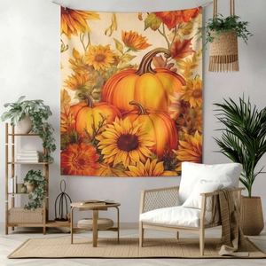 Autumn tapestry featuring orange pumpkins and sunflowers for warm home wall decoration