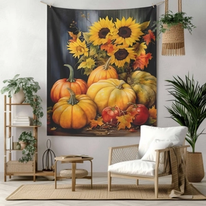 Autumn tapestry featuring sunflower and pumpkin prints hanging in a cozy living room decor