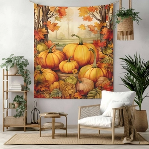 Detailed autumn tapestry featuring vibrant orange pumpkins and golden maple leaf patterns