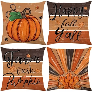 Set of 4 watercolor pumpkin and maple leaf linen pillow covers for autumn home decor