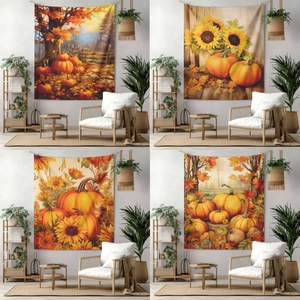 Autumn Harvest Pumpkin Sunflower Wall Tapestry Polyester Fabric Thanksgiving Halloween Fall Background Cloth For Home Living Room Decor