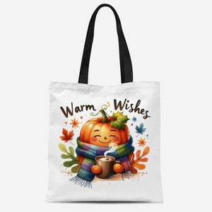 Détail de l'imprimé citrouille et feuilles d'érable sur un sac fourre-tout