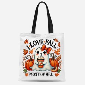 Sac fourre-tout en toile blanche avec motif fantôme et citrouille I Love Fall Most Of All