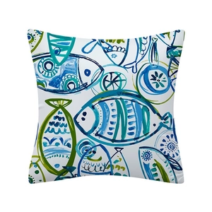 Modern white square pillow case with watercolor blue and lime green fish patterns