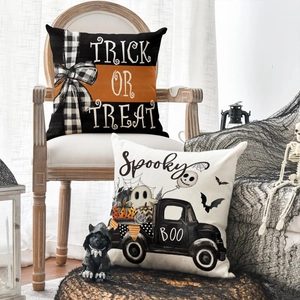 Halloween decorative pillow covers with spooky truck and trick or treat ghost designs