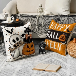 Set of two Halloween throw pillow covers with spooky pumpkin and ghost prints for home decor