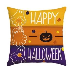 Federa per cuscino Halloween con fantasma e zucca in design tricolore giallo arancio viola