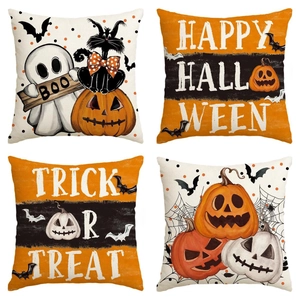 Halloween Pumpkin Linen Pillowcase Horror Ghost Black Cat Print Cushion Cover Retro Holiday Home Sofa Decor Pillow Case