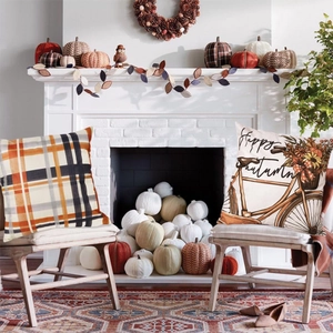 Autumn throw pillow set with orange buffalo plaid and Happy Autumn vintage bicycle print