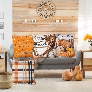 Set of 4 fall decorative linen pillow covers with pumpkin and maple leaf prints
