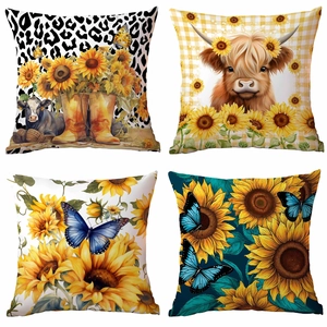Landhaus Sonnenblume Hochlandrind Dekorativer Kissenbezug Luxus Kurzplüsch Digitaldruck Quadratischer Sofa Kissenhülle