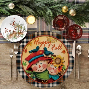 Fall themed round placemat with scarecrow illustration and orange checkered border