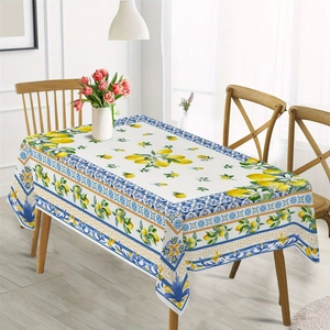 Mediterranean lemon print rectangular tablecloth with blue geometric borders for dining table
