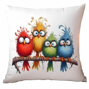 Close-up of four funny cartoon birds with glasses perched on a branch on a white cushion