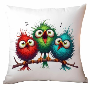 Close-up of three colorful cartoon birds on a branch printed on a white pillowcase