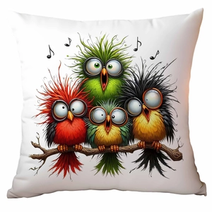 Detailed view of colorful cartoon bird prints and musical notes on white cushion cover