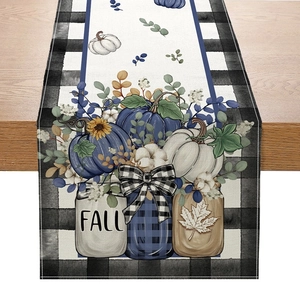 Autumn table runner featuring blue and white pumpkins with sunflowers and fall text