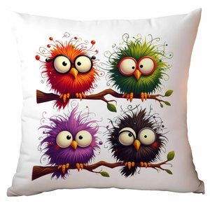 Detailed close-up of funny cartoon birds with glasses print on a white square cushion cover