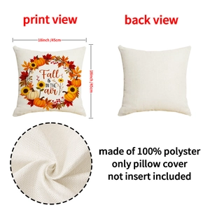 Detail of 45cm linen-textured pillowcase with Fall is in the air pumpkin print
