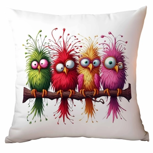 Close-up of colorful funny cartoon birds with glasses printed on white square pillowcase