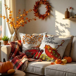 Set of two autumn harvest pumpkin pillow covers with vintage truck and Hello Autumn design
