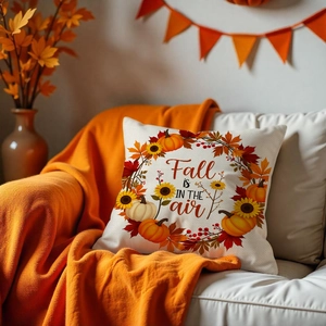 Detail of fall harvest pumpkin wreath pillow cover with Fall Is In The Air text on sofa