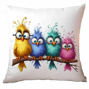 Funny cartoon birds on a branch printed on a white decorative square throw pillow cover