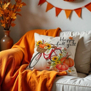 Detail of harvest pumpkin pillowcase featuring Happy fall y'all text and bike print